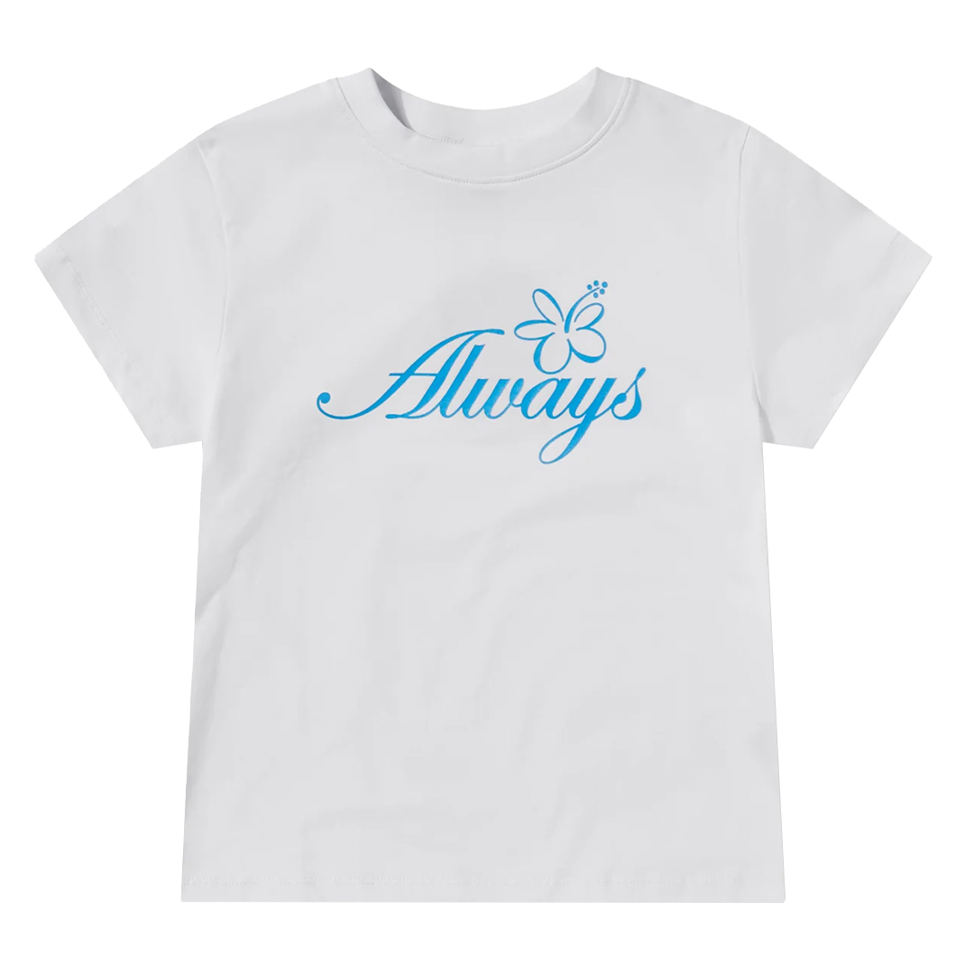 flower script baby tee white – always do what you should do