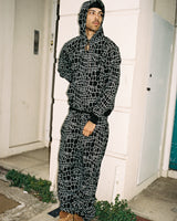 croc print hoodie - black