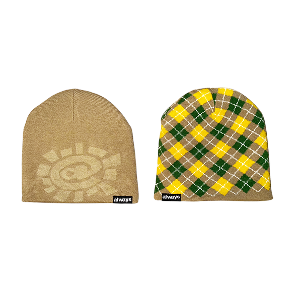 reversible no cuff beanie - sand/tartan