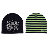 reversible embroid @sun beanie - navy/green stripe